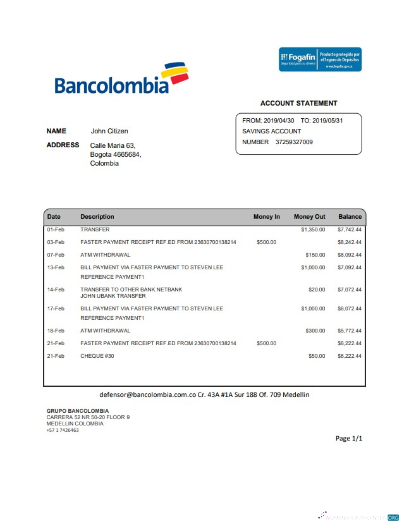 Download Colombia Bancolombia bank statement word